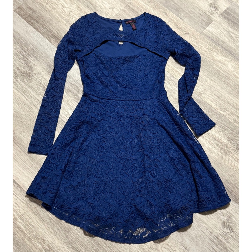 Material Girl Blue Lace Long Sleeve Cutout Skater Party Dress small